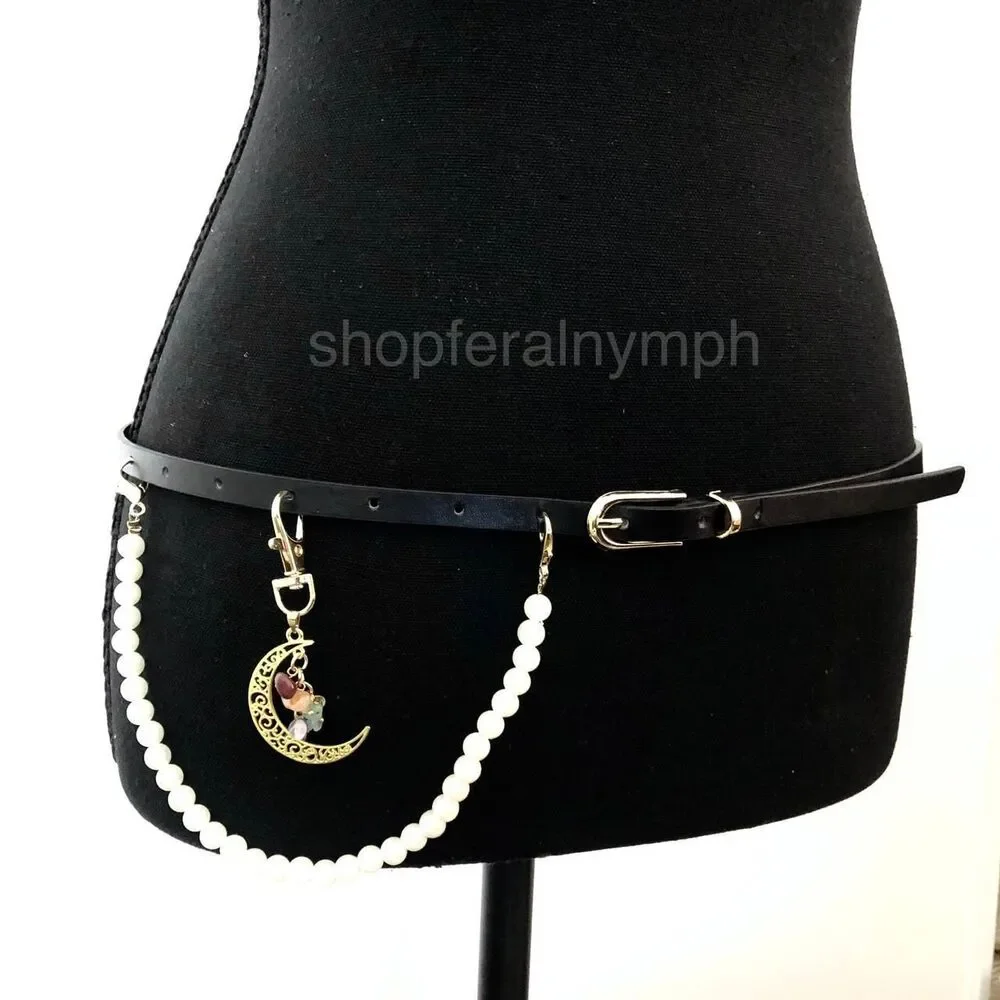 Y2K Celestial Black Faux Leather Pearl Moon Belt, Fits 33–35 Inches, X7GA1232